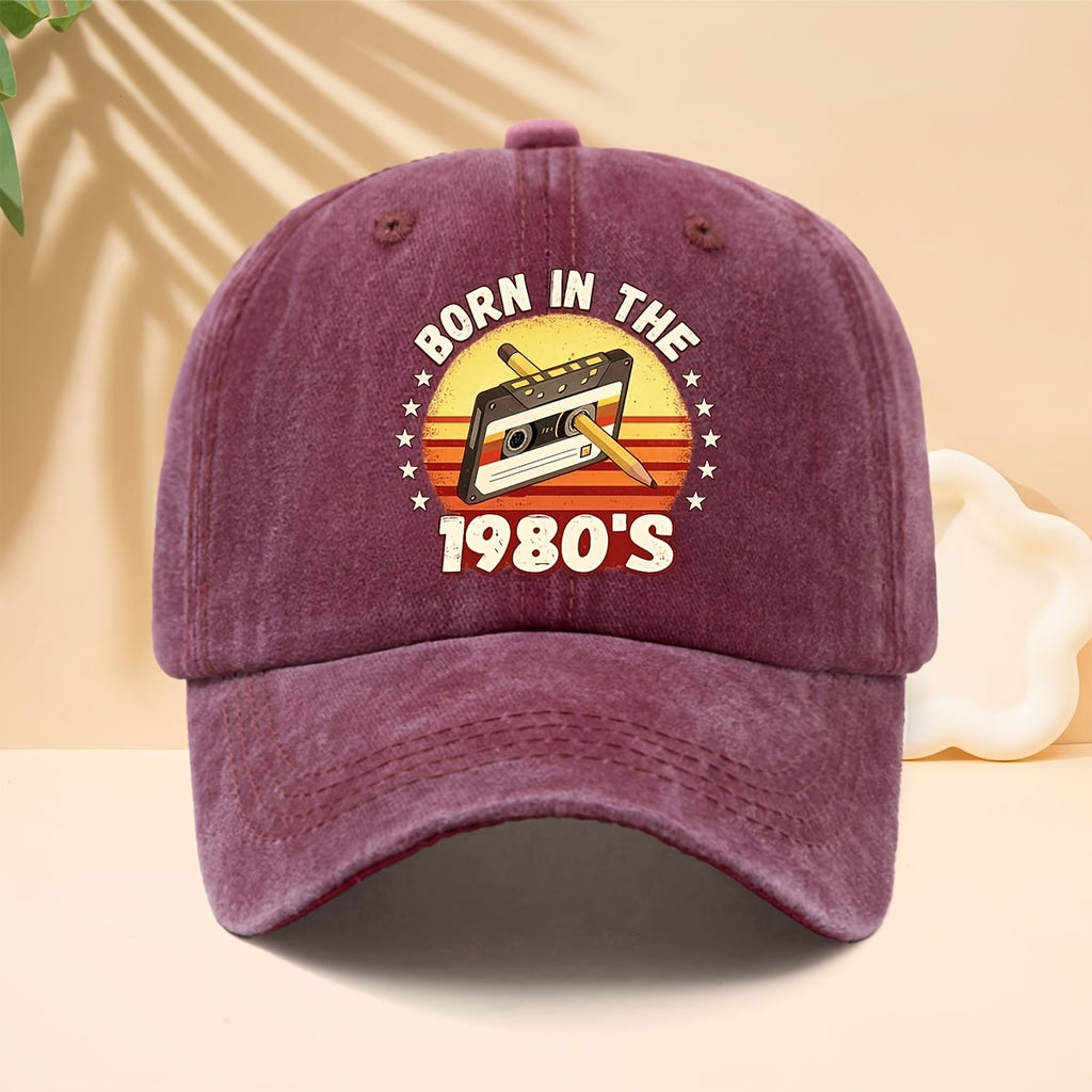 A Washed Baseball Cap with the Print "BORN IN THE 1980S". This Versatile Trucker Hat Features a Soft Crown and Curved Brim for a Comfortable Fit That Conforms to the Head. Its Relaxed, Street-style Design Is Adjustable and Suitable for Both Men