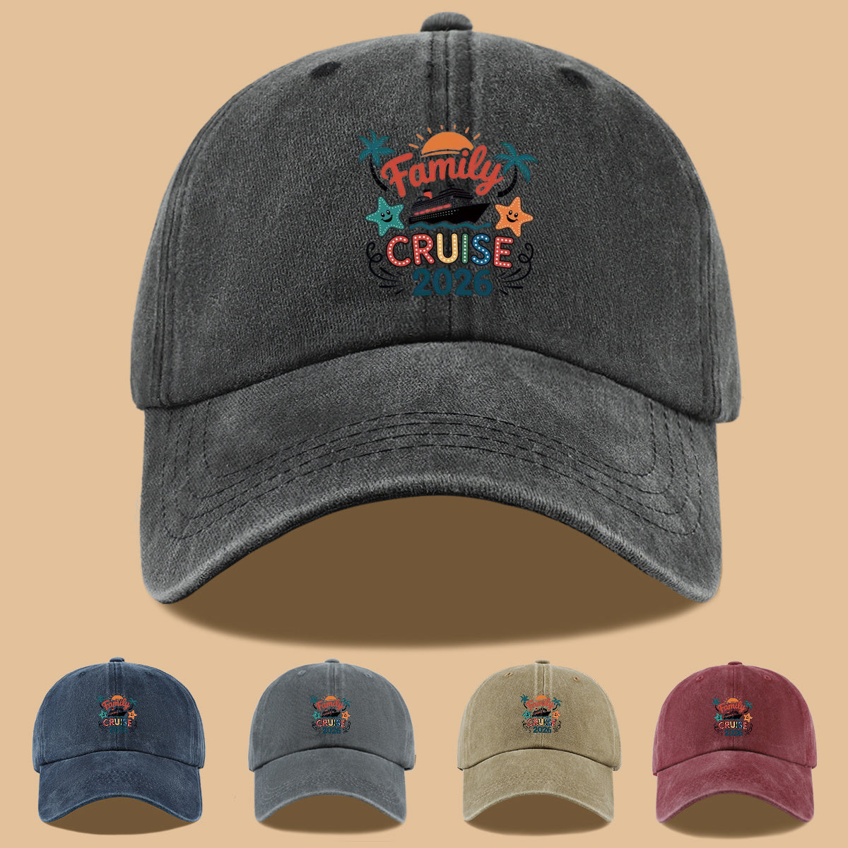 1pc "Family Mail Steamer 2025.98inch" Themed Printed Baseball Cap, Fun Cartoon Mail Steamer Ship, Stars, Palm Trees, Sunset Pattern, Fashionable Casual Sun Hat, Unisex, Adjustable Size, Dad's Fishing Hat, Mom's Vacation Hat, Suitable for Family