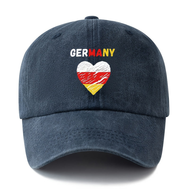 A Unisex Fashionable and Versatile Printed GERMANY Heart Baseball Cap, Featuring a Classic Vintage Washed Outdoor Lightweight Curved Brim. This Trucker Baseball Cap Is Suitable for Casual Occasions Such as Outdoor Vacations, Travel, and Camping
