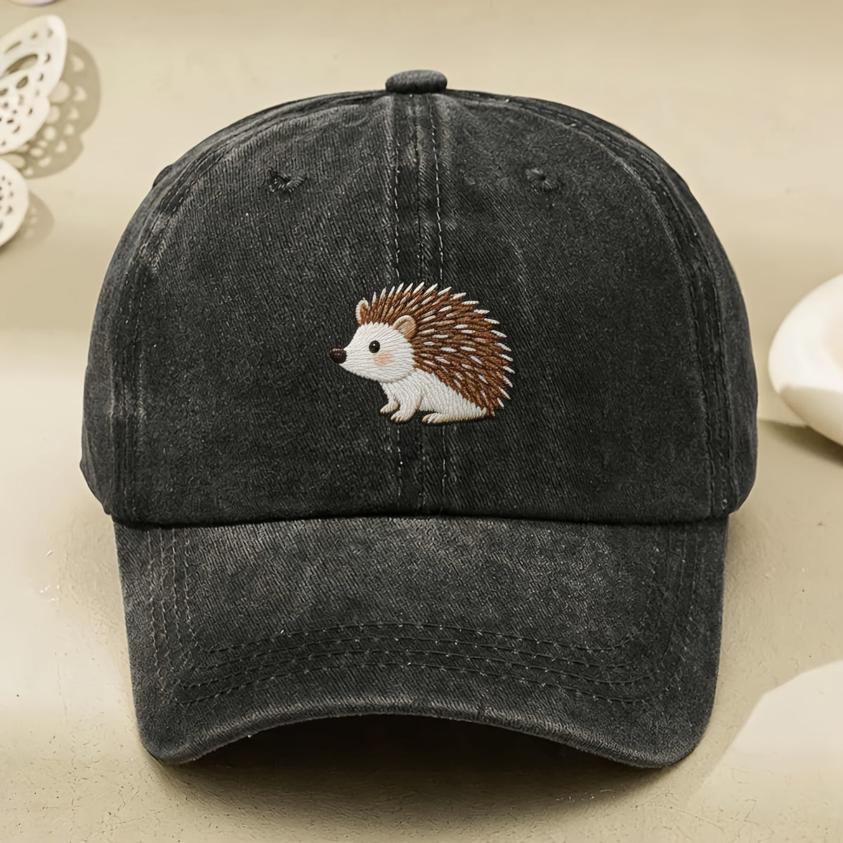 Cute Hedgehog Embroidery Washed Cotton Baseball Cap for Men Women Casual Vintage Style Street Outdoor Anniversary Gift
