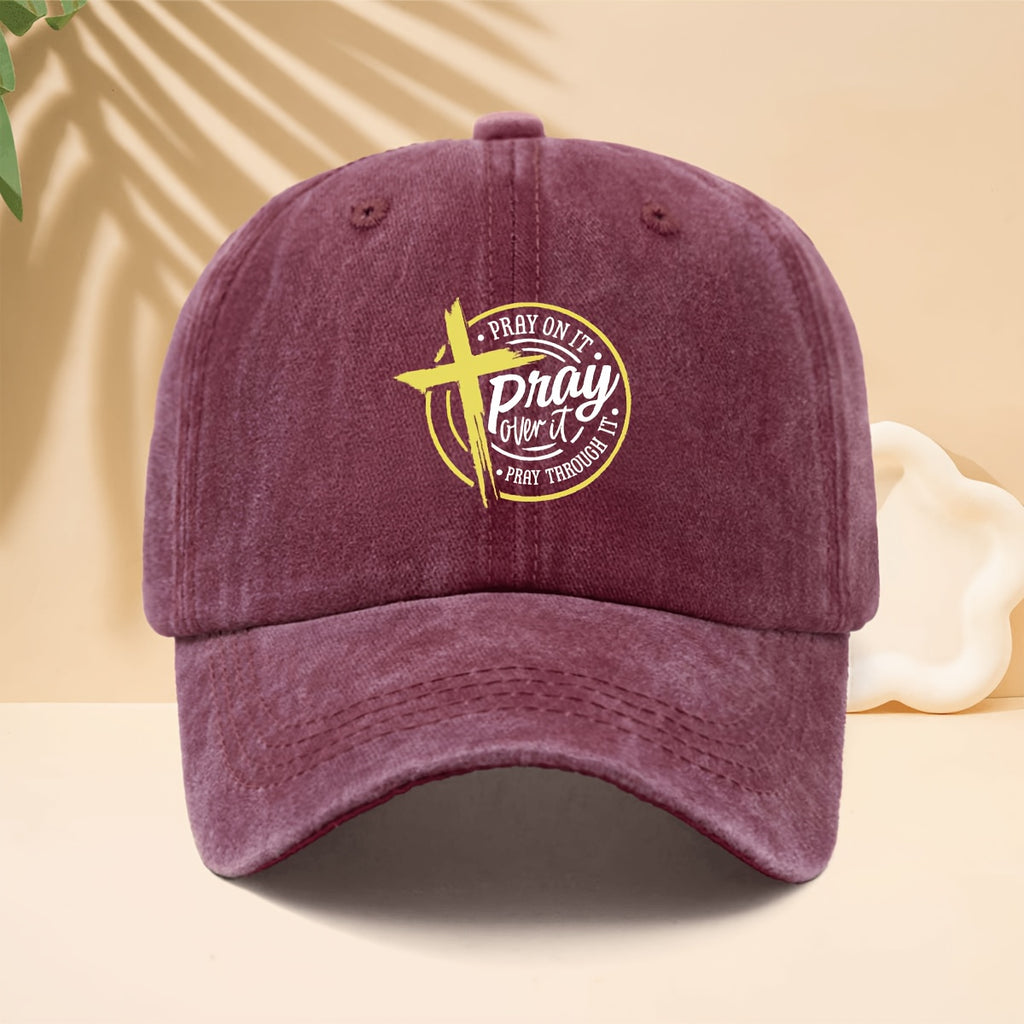 Yellow Cross Circle Pray Over It Pattern Printed Baseball Cap Reverent Retro Faith Design Style Curved Brim Hat for Walking, Gatherings, Dates, Shopping, Vacation, Travel