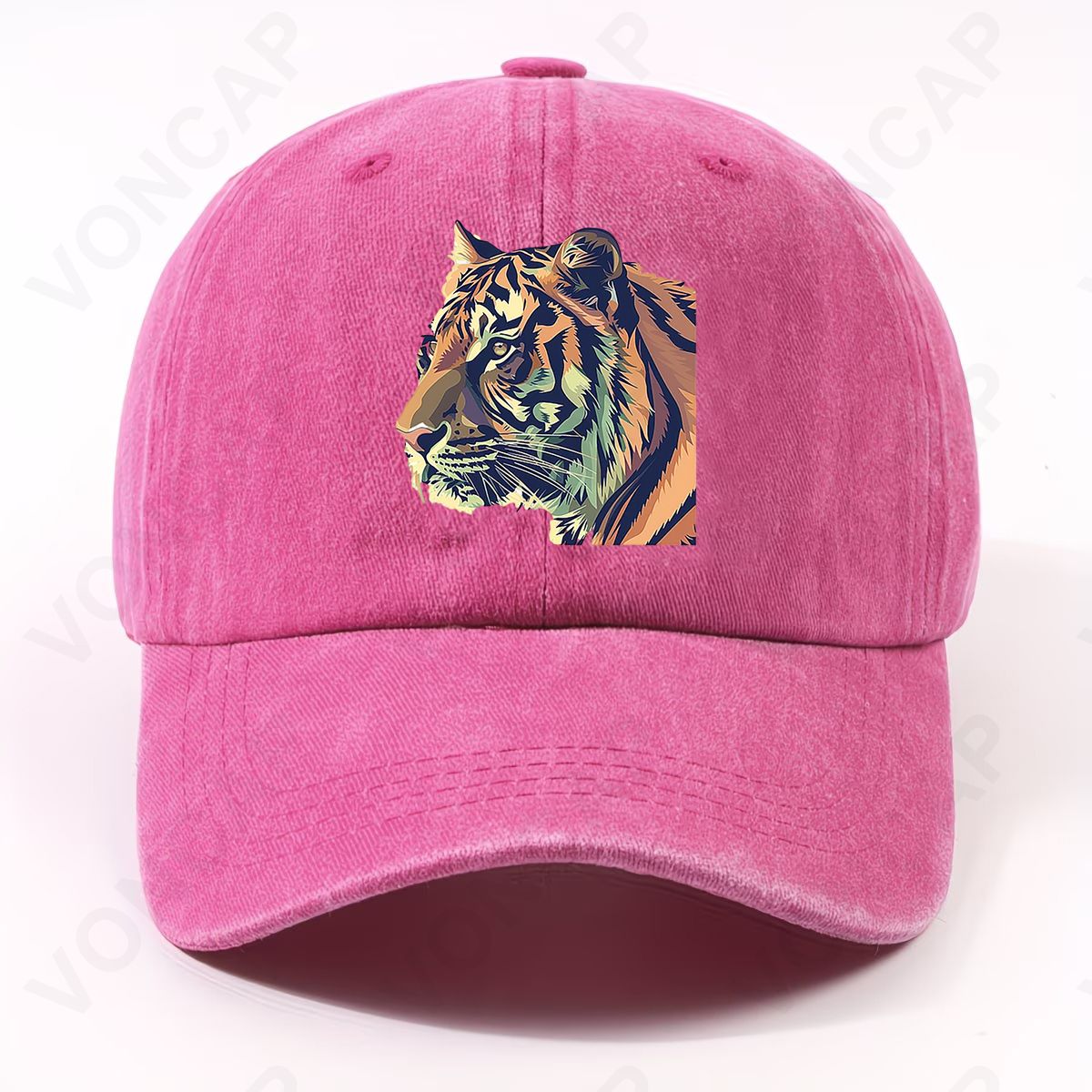 Unisex Adjustable Tiger Print Cap - Lightweight Washed Cap with Hook-and-Loop Closure, Front Chest Tiger, Machine Washable Suitable for Sports, Campus, Commute, Parties - Casual Tiger-Themed Hat