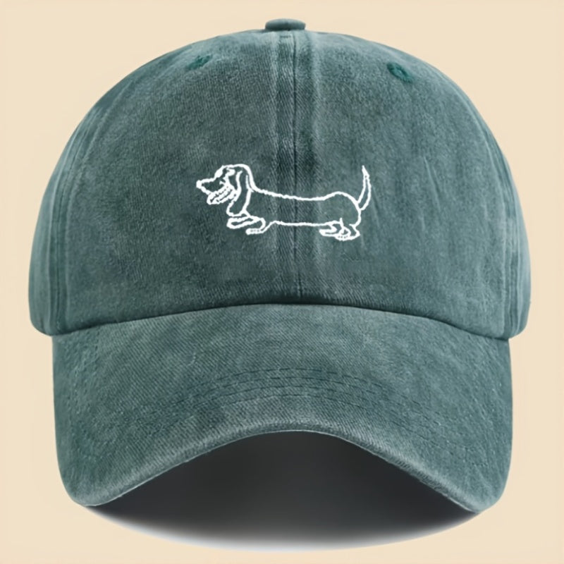 Vintage Washed Baseball Cap with Adorable Dachshund Embroidery - Black Textile, Breathable & Durable Unisex Casual Outdoor Hat for Men and Women, Hand Washable, Casual Headwear | Embroidered Cap | Breathable Fabric
