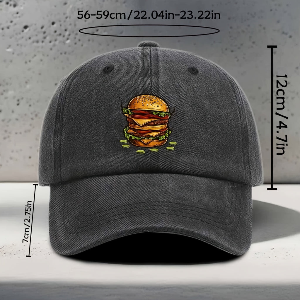 Men's & Women's Baseball Cap with Burger Print - Adjustable Snapback Curved Brim Hat, Washed Suitable for Daily Outings, Casual Wear,, Hip-Hop Style - Unisex Washed Cap for All Head Sizes, Comfortable for Hamburger