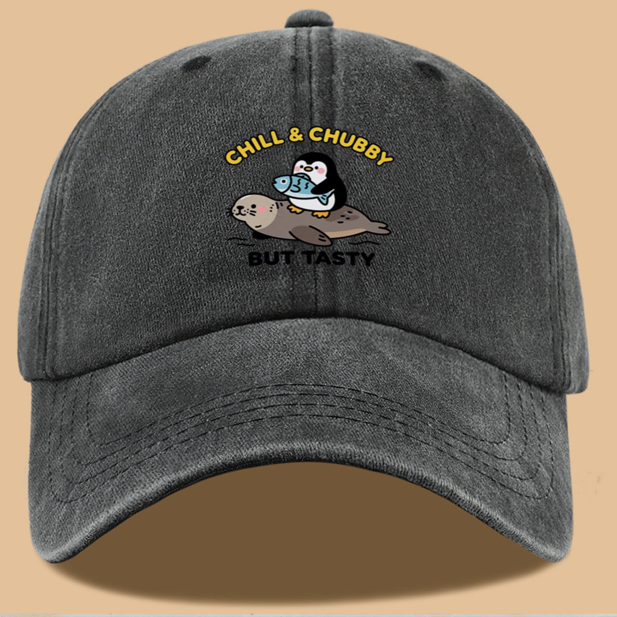 1pc 1pcs "CHILL & CHUBBY BUT TASTY" Penguin Hugging Fish on Seal Print Baseball Cap - Cute Duckbill Cap Suitable for Daily Outfits, Beach Vacations, Student Style, Adjustable Unisex Hat for &, Creative, Park Picnics