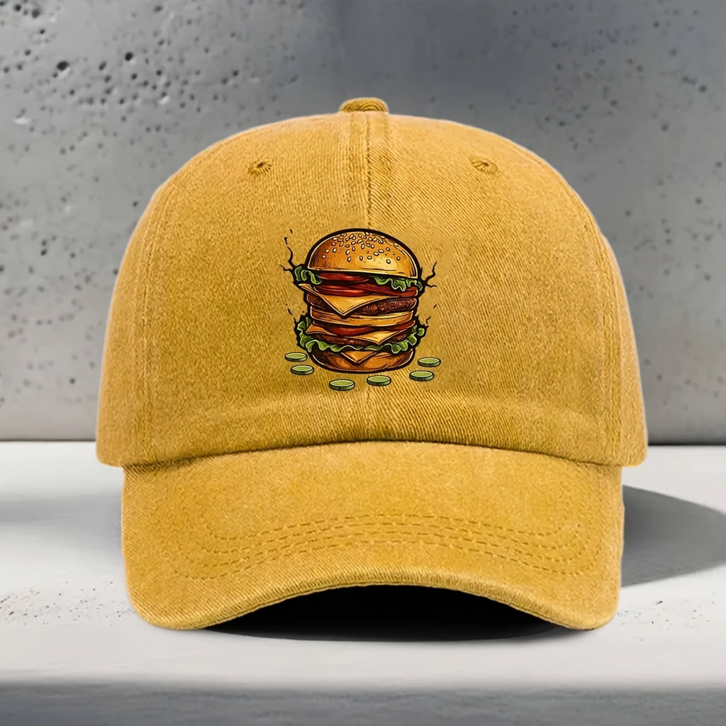 Men's & Women's Baseball Cap with Burger Print - Adjustable Snapback Curved Brim Hat, Washed Suitable for Daily Outings, Casual Wear,, Hip-Hop Style - Unisex Washed Cap for All Head Sizes, Comfortable for Hamburger