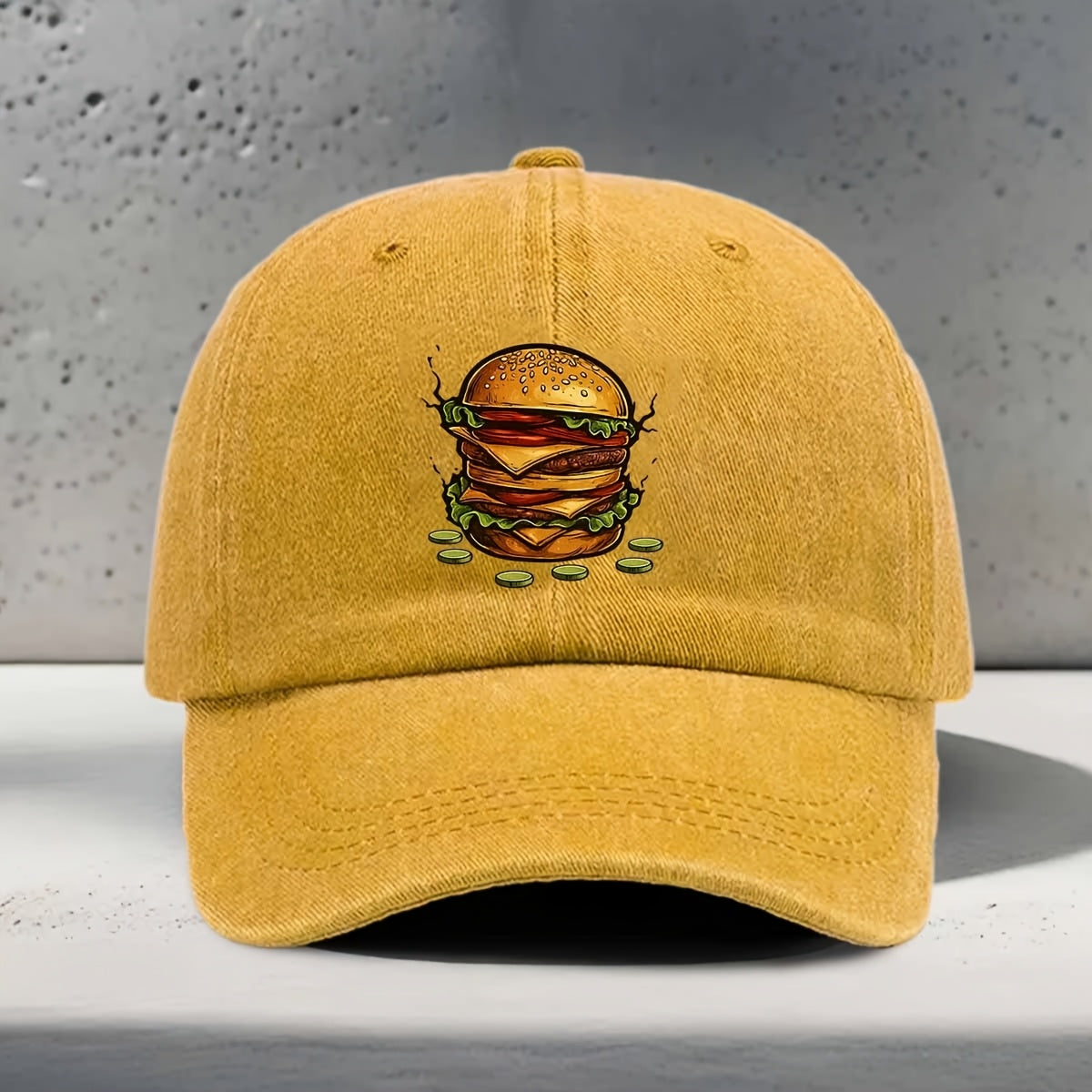 Men's & Women's Baseball Cap with Burger Print - Adjustable Snapback Curved Brim Hat, Washed Suitable for Daily Outings, Casual Wear,, Hip-Hop Style - Unisex Washed Cap for All Head Sizes, Comfortable for Hamburger