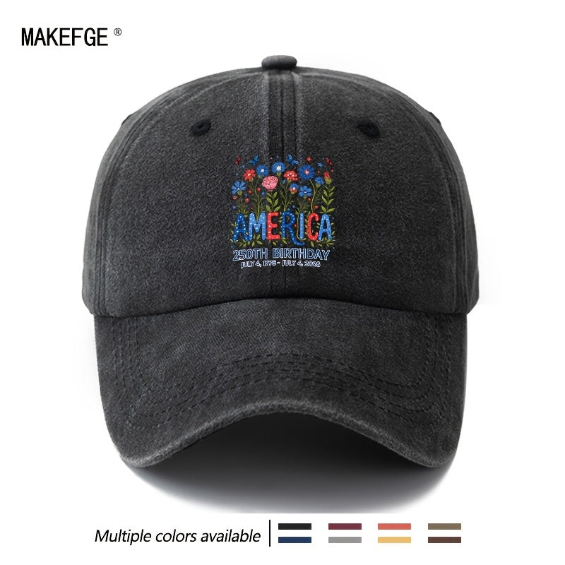 Special Baseball Cap for The 250Th Anniversary Celebration of The Founding of The United States, Unisex Printed Star And Stripe Floral Baseball Cap, Classic Retro Washed Lightweight Outdoor Curved Brim Cap, Trucker Baseball Cap, Suitable for Outdoor