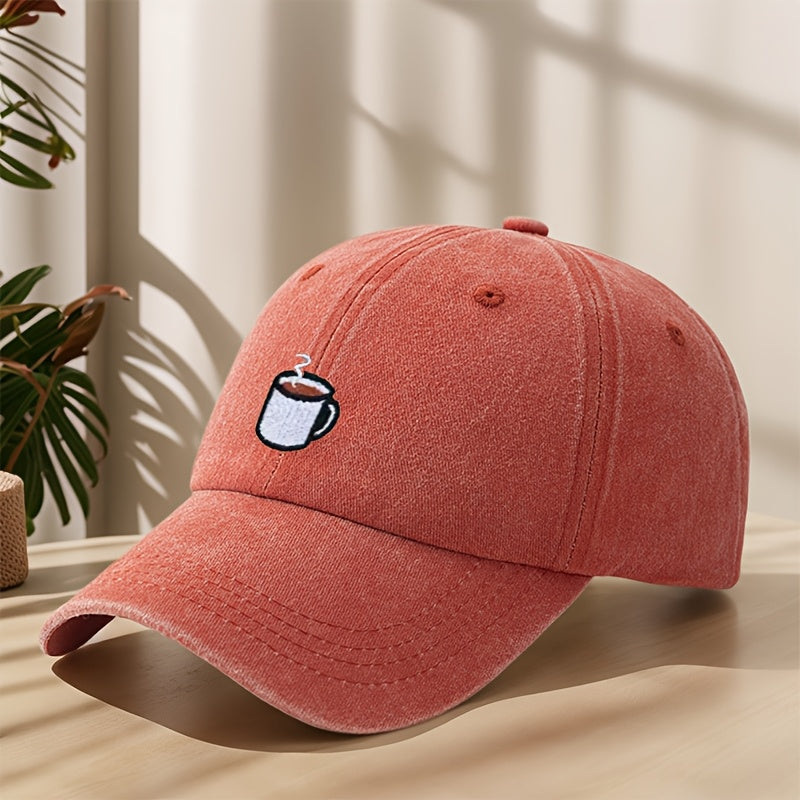 High-Quality Baseball Cap with Coffee Cup Embroidery, Lightweight, Soft, Comfortable, Sweat-Absorbing, Breathable, Classic Washed Vintage Hat for Outdoor Leisure, Sports, Shopping, Vacation, Camping, Sun Protection