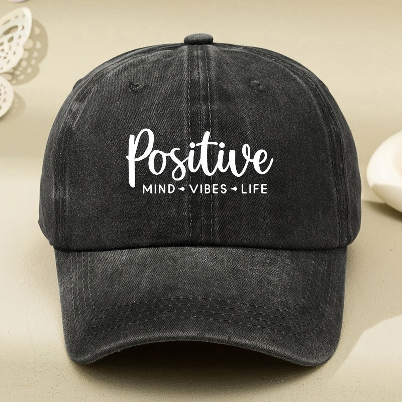 Unisex Duckbill Cap with a White Print Featuring Positive Vibes, Perfect for Outdoor Casual Wear. This Retro-Style Baseball Cap Has a Soft Top And a Curved Brim, Ideal for Women Looking for a Face- Accessory
