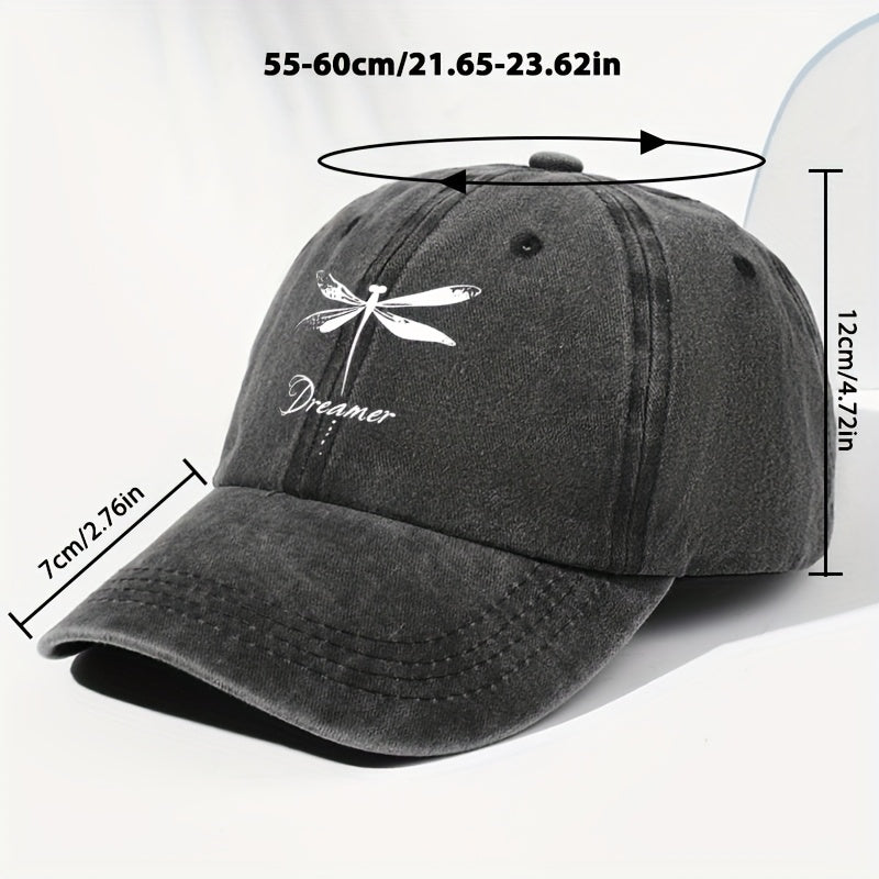 Unisex Dragonfly Dreamer Print Washed Vintage Baseball Cap - Lightweight Polyester Adjustable Unisex Sun Hat, Trucker Style, All-Season Casual Wear