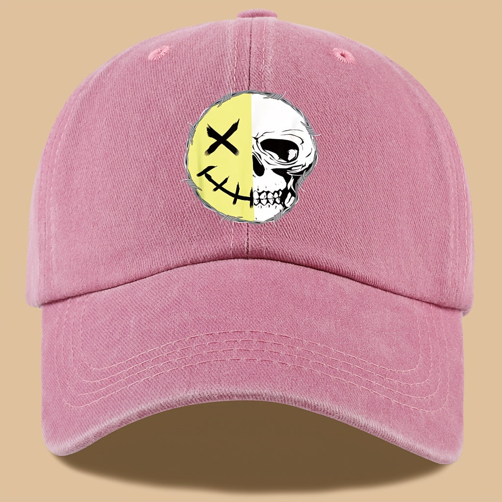 1pc Creative Smiling Face Half Skull Print Baseball Cap, Urban Casual Headwear, Individual All-Match Casual Clothing Accessory, Men And Women Outdoor Universal Dad Hat, Adjustable Size, Breathable Comfortable Vintage Black Papa Trucker Hat