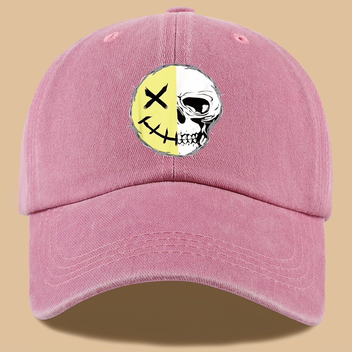 1pc Creative Smiling Face Half Skull Print Baseball Cap, Urban Casual Headwear, Individual All-Match Casual Clothing Accessory, Men And Women Outdoor Universal Dad Hat, Adjustable Size, Breathable Comfortable Vintage Black Papa Trucker Hat