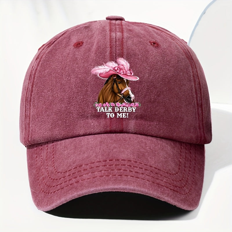 Unisex Adjustable Baseball Cap, Pink Horse Pattern with "Talk Derby to Me!" Print - Lightweight 100%, Machine Washable Vintage Design, Ideal for Casual Outdoor And Daily Wear