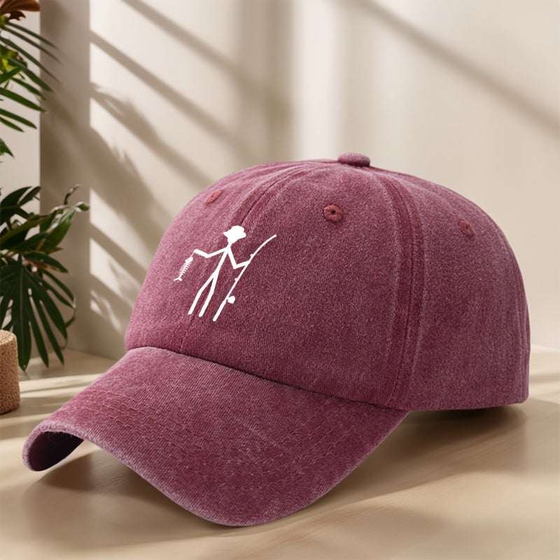 Creative Design Fishing Print Baseball Cap Classic Washed Vintage Duckbill Hat Soft Comfortable Sweat-Absorbing Breathable Hat Outdoor Leisure Sports Fishing Camping Adjustable Sun Hat