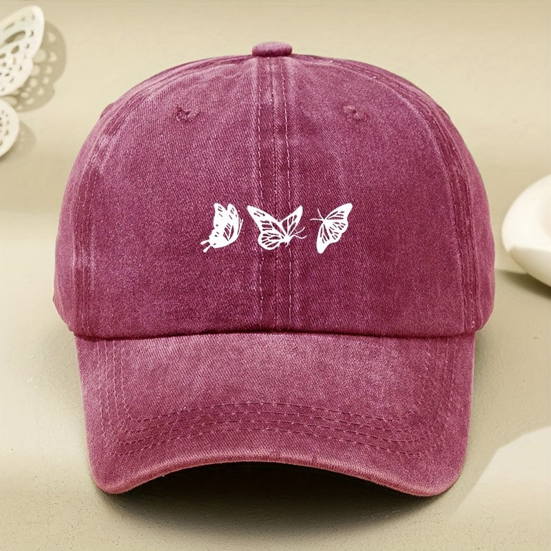White Three-butterfly Print Women's Vintage Washed Baseball Cap, Distressed Dad Hat, Unisex Retro Foreign Trade Baseball Cap, New Soft-top Outdoor Driver's Cap, Distressed Washed Hat, Men's Hat, Women's Hat
