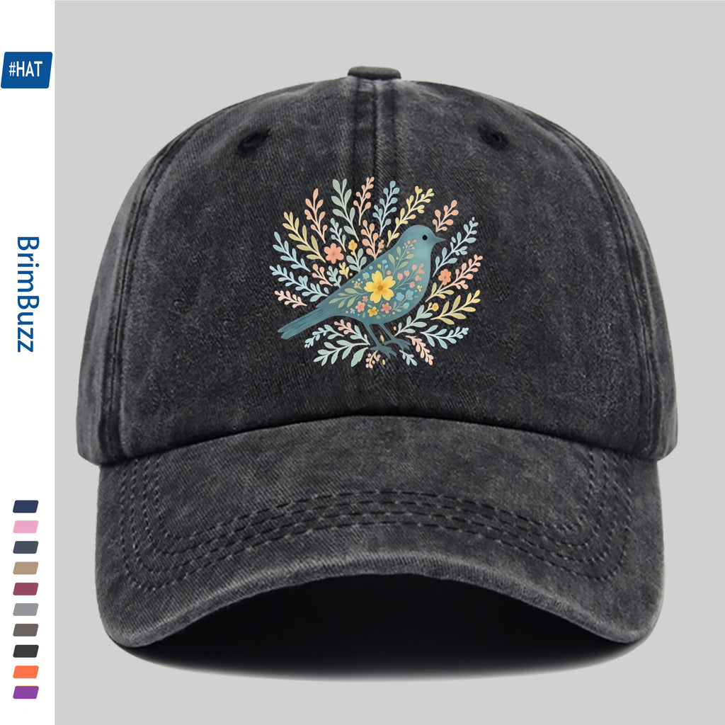A Baseball Cap Featuring a Print of Birds Surrounded by Flowers And Plants, a Vintage Design Sun Hat, a Comfortable And Lightweight Trucker Hat with Adjustable Straps, an American Street Style Skateboard Cap