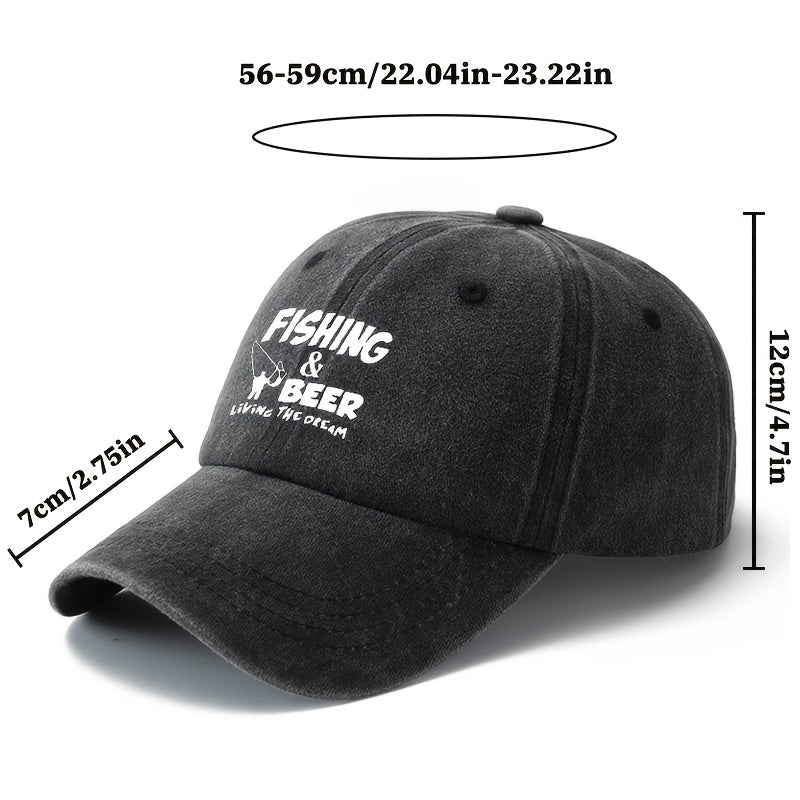 A Unisex Fashionable and Versatile Printed "FISHING&BEER" Baseball Cap, Featuring a Classic Vintage Washed Outdoor Lightweight Curved Brim Design. Suitable for Outdoor Vacations, Travel, Camping, and Other Casual Occasions. Ideal for Holiday Parties