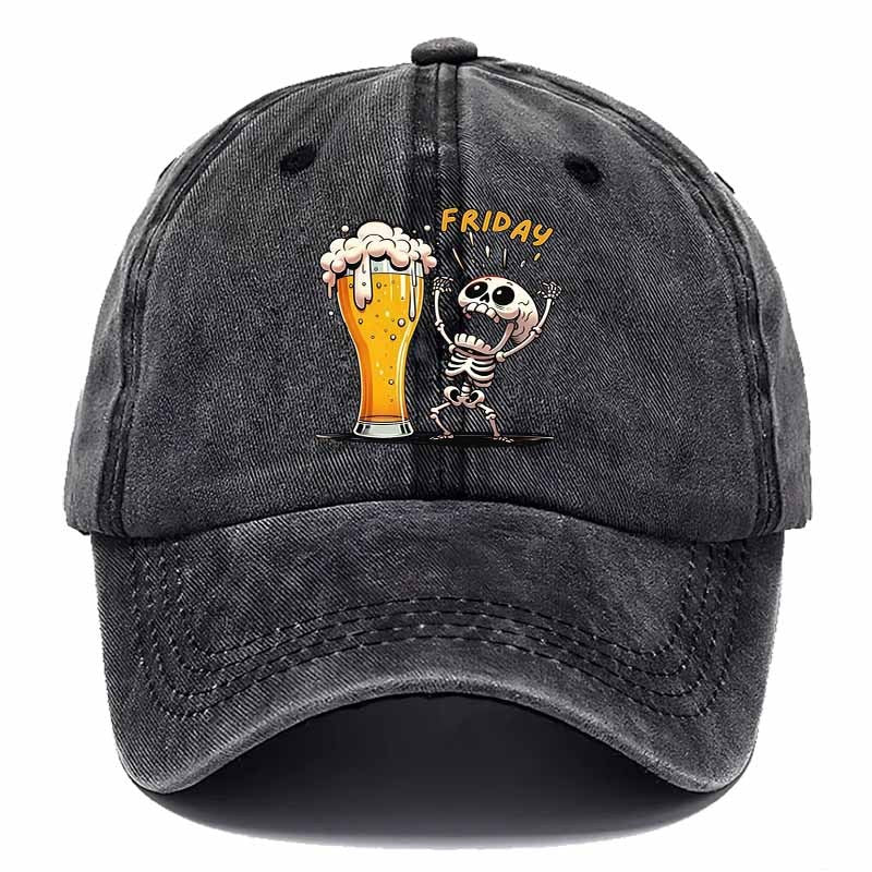 A Humorous Cartoon Skull Baseball Cap with Beer Mug Elements, Essential for Weekend Party Celebrations