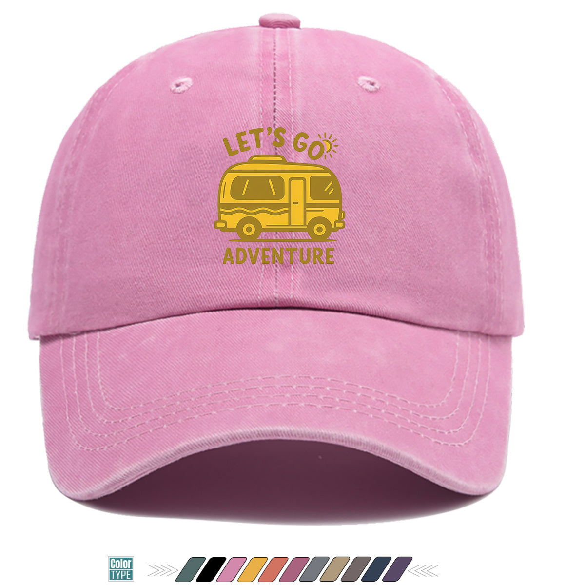 1pc "LET's GO ADVENTURE" Camper Van Print Baseball Cap, Vintage Yellow RV Pattern Sun Hat, Fashionable Casual Sun Hat, Unisex Adjustable Duckbill Cap for Outdoor Adventures, Road Trips, Camping Picnics, Weekend Outings, Park Strolls, Beach Vacations