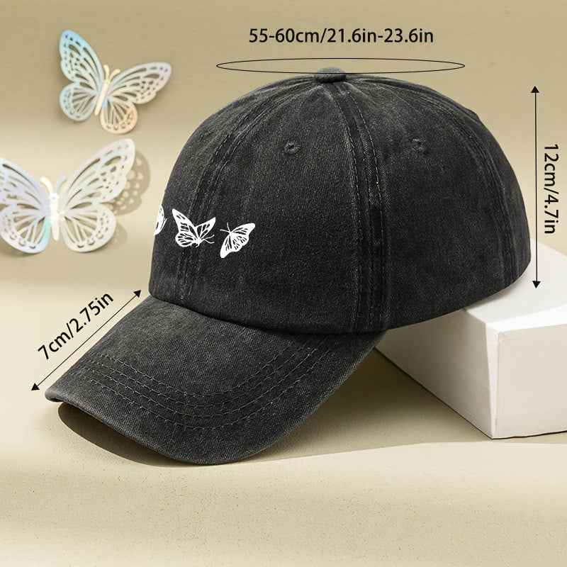 White Three-butterfly Print Women's Vintage Washed Baseball Cap, Distressed Dad Hat, Unisex Retro Foreign Trade Baseball Cap, New Soft-top Outdoor Driver's Cap, Distressed Washed Hat, Men's Hat, Women's Hat