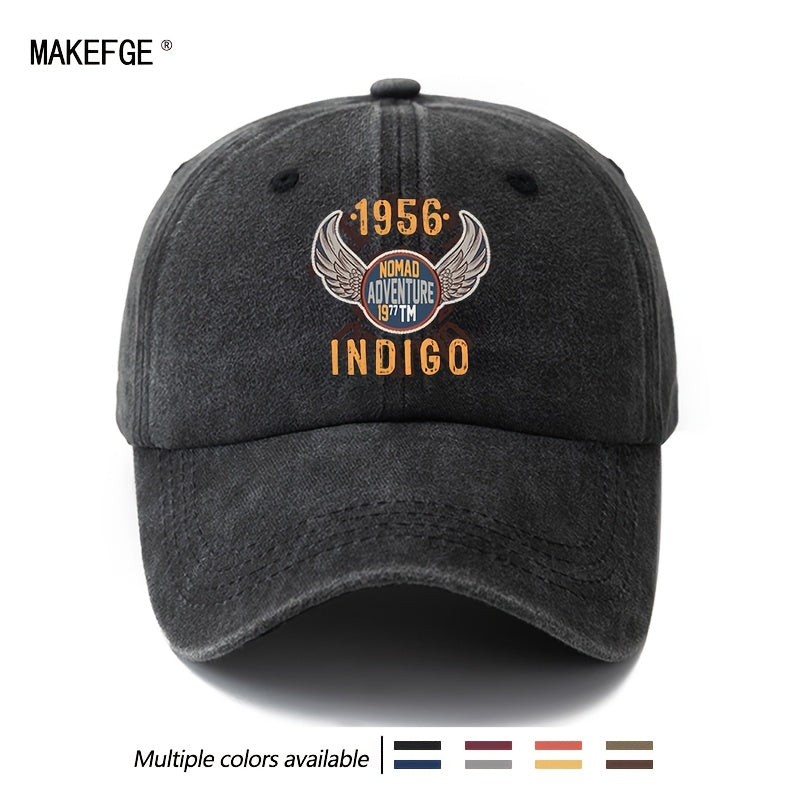 A Unisex Fashionable and Versatile 1956 INDIGO Printed Baseball Cap, Featuring a Classic Vintage Washed Outdoor Lightweight Curved Brim. This Trucker Baseball Cap Is Suitable for Casual Occasions Such as Outdoor Vacations, Travel, and Camping