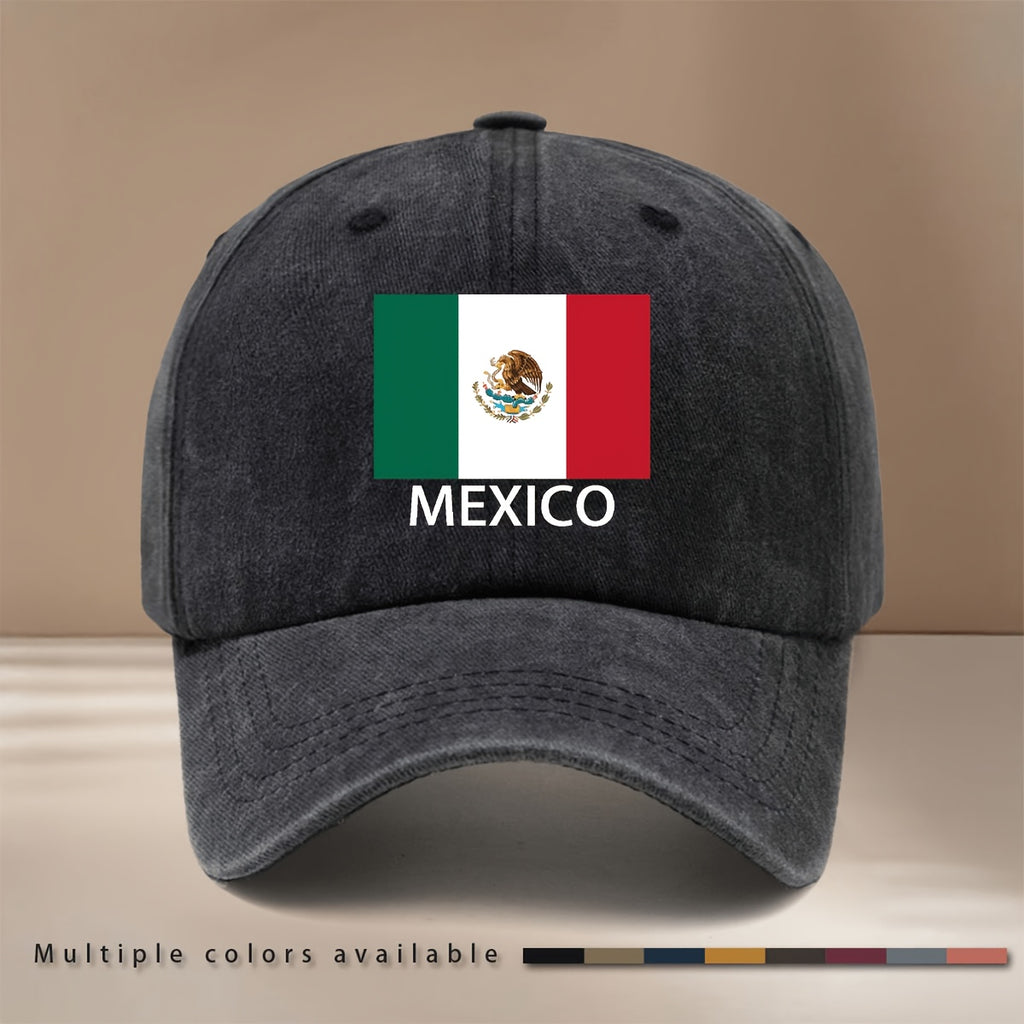 MEXICO Text Flag Print Pattern Baseball Cap for Vacation, Travel, Dinner Parties, and Camping. Six-Panel Hat with a Simple Textured Feel, Lightweight and Comfortable Curved Brim Cap. Unisex Casual Hat, Hip-Hop Hat with Adjustable Size, Relaxed Fit