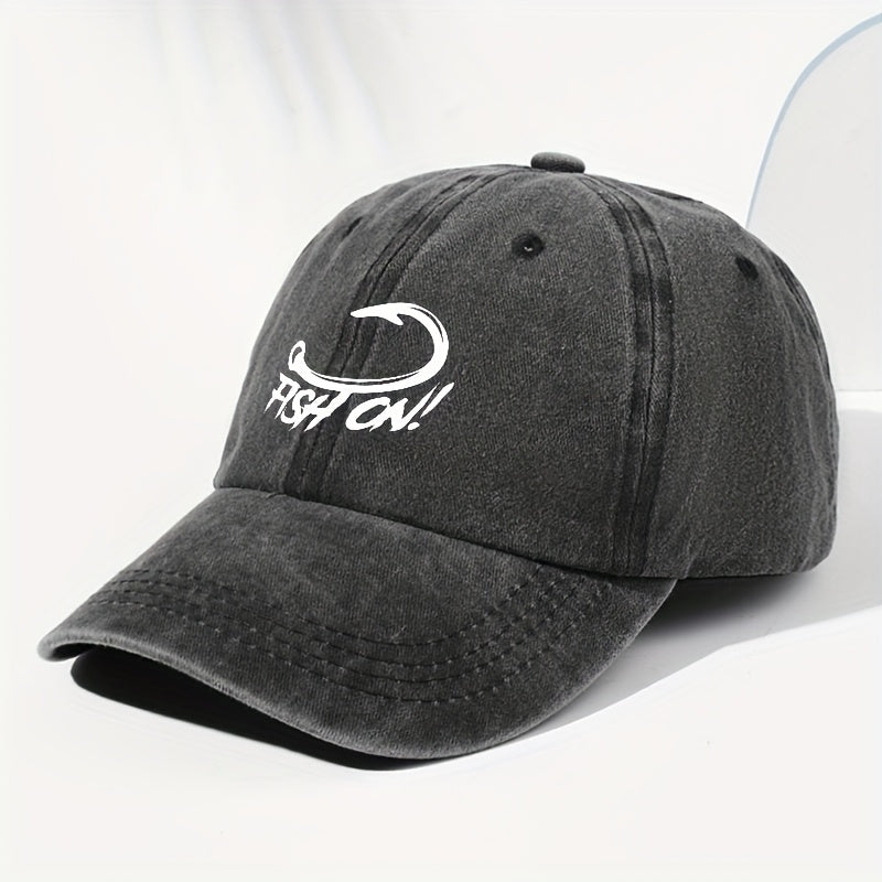 Unisex FISH ON Hook Print Washed Vintage Baseball Cap Fashion Men Women Sun Hat Adjustable Size Trucker Cap Suitable for All Seasons Daily Wear