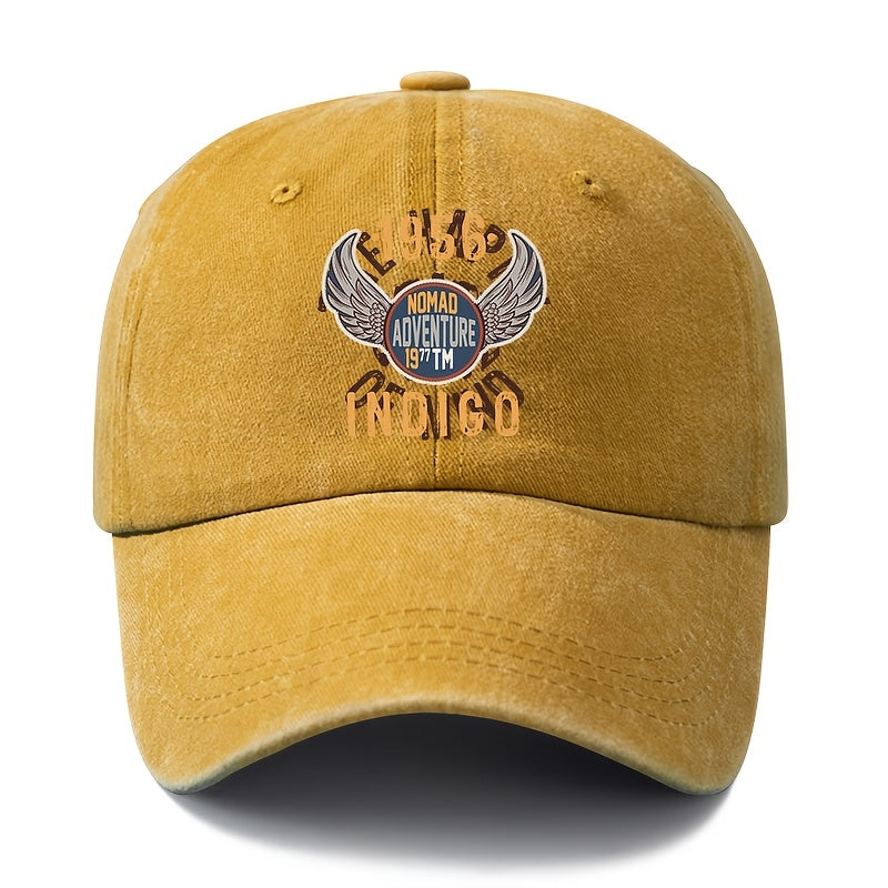 A Unisex Fashionable and Versatile 1956 INDIGO Printed Baseball Cap, Featuring a Classic Vintage Washed Outdoor Lightweight Curved Brim. This Trucker Baseball Cap Is Suitable for Casual Occasions Such as Outdoor Vacations, Travel, and Camping