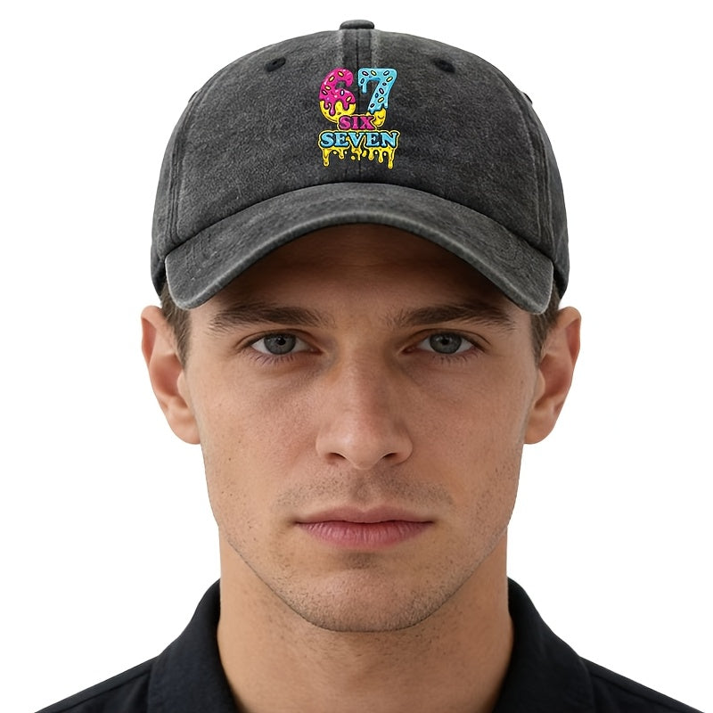 Unisex, Fashionable And Versatile Printed Cream Donut 67 SIX SEVEN Baseball Cap, Classic Retro Washed Outdoor Lightweight Curved Brim Cap, Suitable for Outdoor Vacations, Travel, Camping, And Other Casual Occasions, Hip-Hop Cap for Holiday Parties