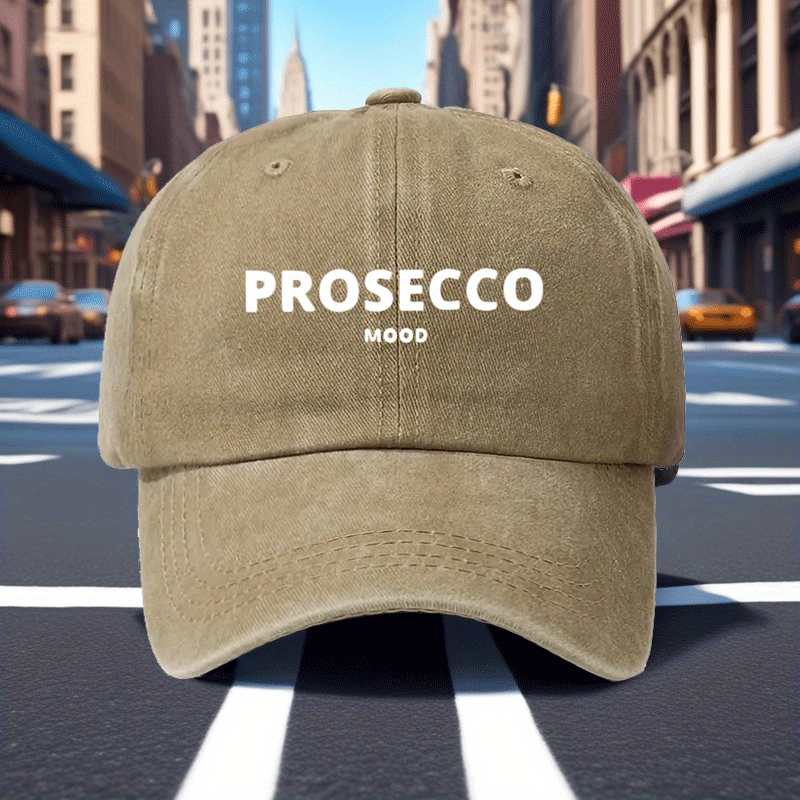 Adjustable Vintage Washed Baseball Cap with Prosecco Mood Print | Breathable Dad Hat for Men & Women, Casual Vacation Headwear, Comfortable Fit Cap | Polyester, Woven, Hand Wash Care