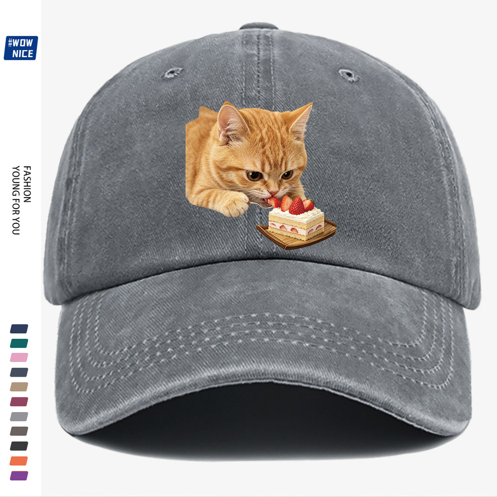 1pc Orange Cat Eating Strawberry Cake Fun Printed Baseball Cap, Cute And Playful Design Unisex Adjustable Size Casual Hat for Shopping, Dating, Coffee Shop Gatherings, Park Walks, Best Friend Outings, Weekend Fun, Party Activities, Trendy Accessory