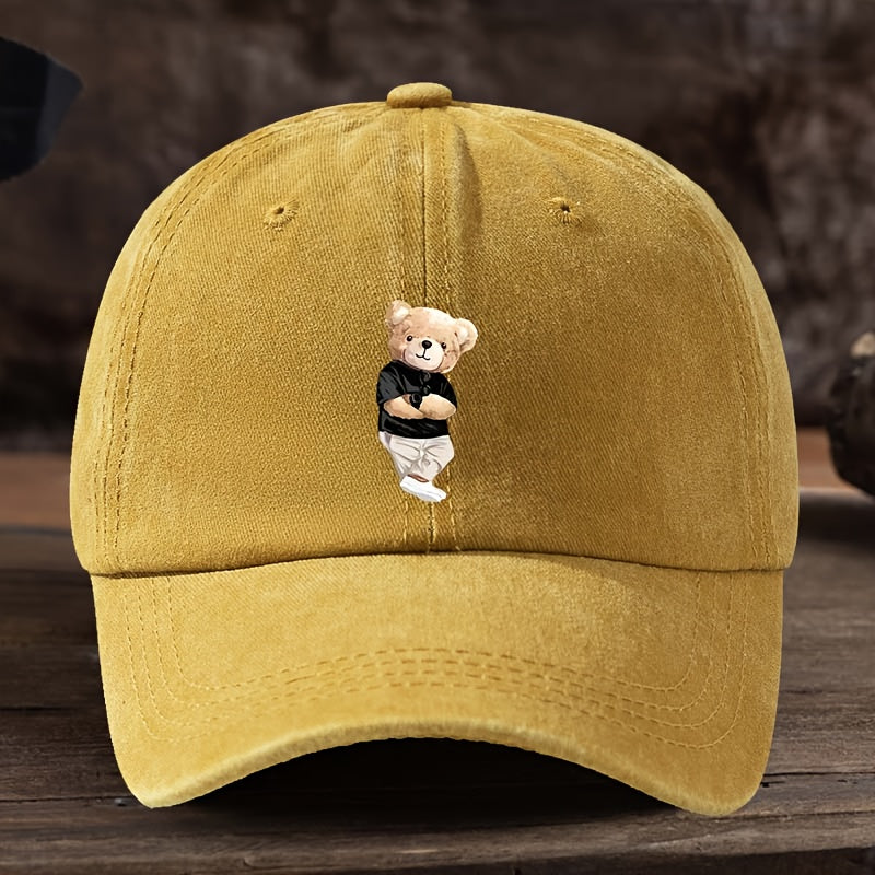 Men's & Suitable for Teddy Bear Lovers - Cute Teddy Bear Holding Hands Design Flat Brim Cap, Durable Textile Machine-Washable Hat for Outdoor, Casual & Casual Attire - Playful Gift for,, Teddy Bear-Themed Events