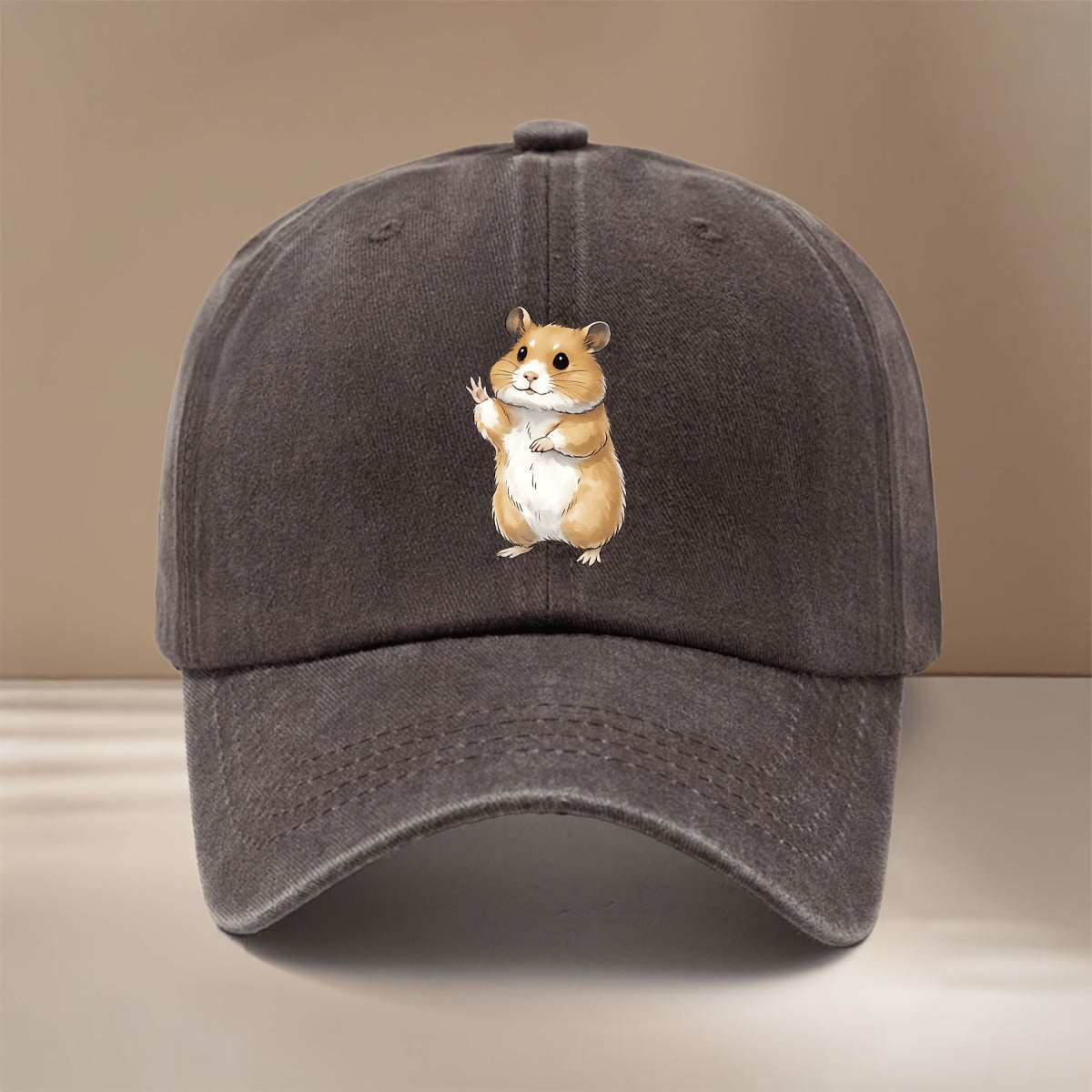 This Is a Baseball Cap with a Waving Hamster Print. It Features a Relaxed Fit, Adjustable Sizing, and a Simple, Trendy Curved Brim. Suitable for Both Men and Women, It Is a Versatile Six-panel Hat Perfect for Outdoor Sports, Dinners