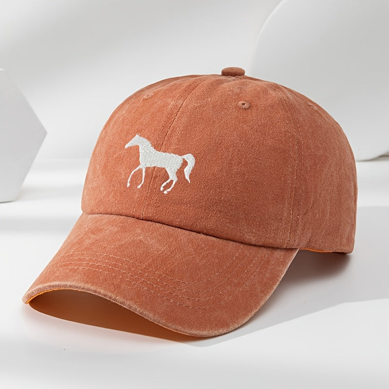 High-Quality White Horse Embroidered Baseball Cap, Washed Vintage Adjustable Duckbill Hat, Soft Top, Breathable, Sweat-Absorbing, Sun-Protective Trendy Hat