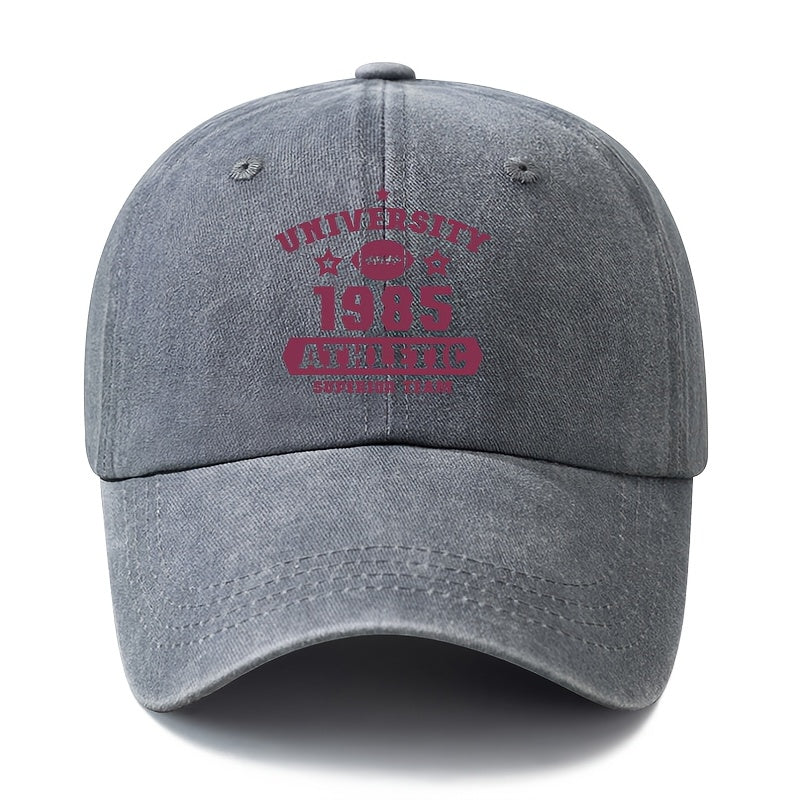 A Unisex Fashionable and Versatile Printed UNIVERSITY 1985 Baseball Cap, Featuring a Classic Vintage Washed Outdoor Lightweight Curved Brim. This Trucker Baseball Cap Is Suitable for Casual Occasions Such as Outdoor Vacations, Travel, and Camping