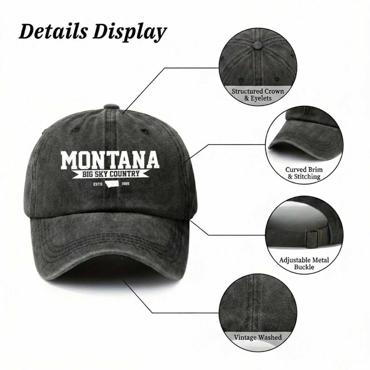 Montana Travel Inspired Big Sky Country Text Design Summer Breathable Universal Trucker Hat Men's Outdoor Fishing Sun Hat Women's Sports Running Printed Baseball Cap Trendy