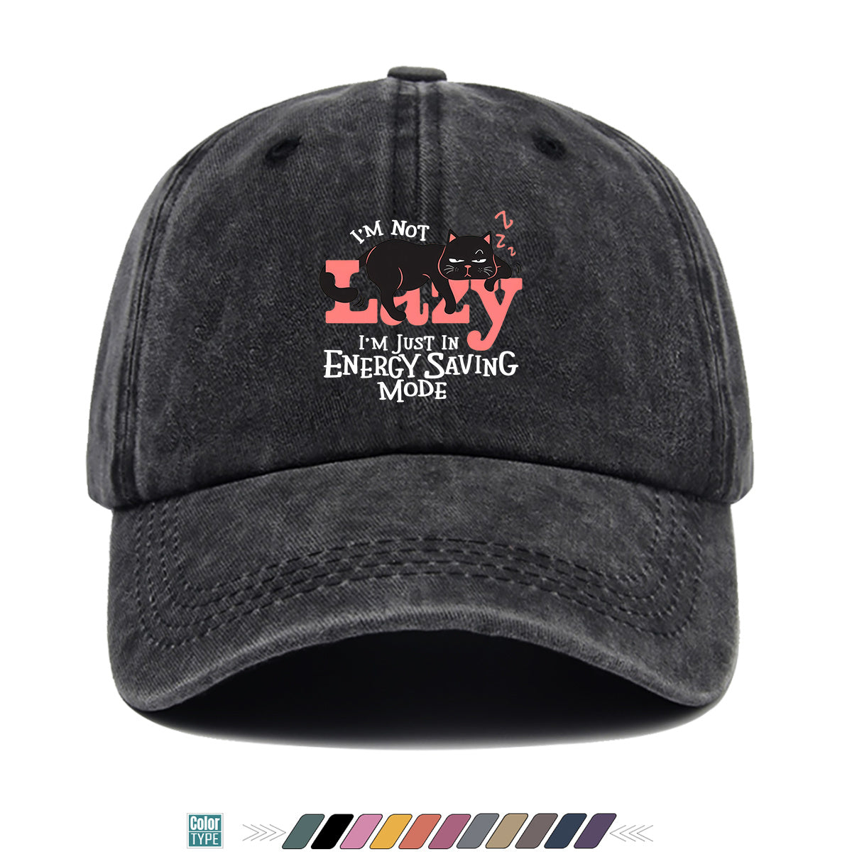 1pc "LAZY" Letter Print Baseball Cap with Lazy Black Cat Print, Fashionable Casual Duckbill Cap, Unisex Adjustable Street Style Sun Hat, for Daily Outings, Café Lounging, Weekend Lounging, Friend Gatherings, Daily Wear, Shopping, Park Strolls