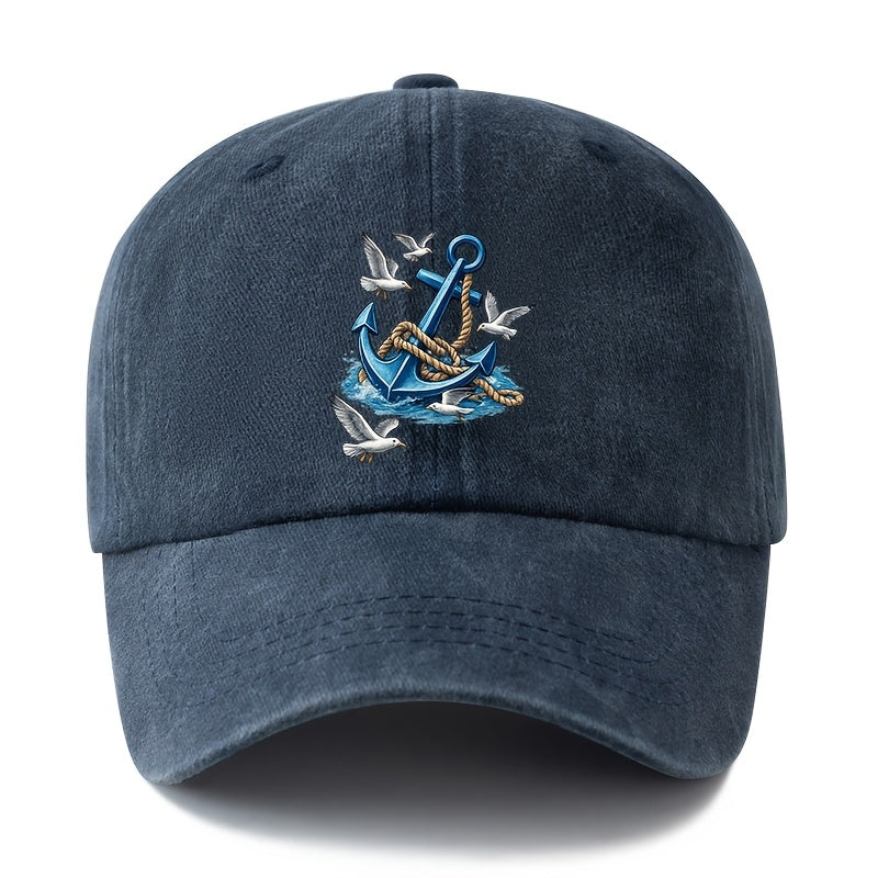 Unisex, Fashionable And Versatile Printed Nautical Anchor Baseball Cap, Classic Retro Washed Outdoor Lightweight Curved Brim Cap, Trucker Baseball Cap, Suitable for Outdoor Vacations, Travel, Camping, And Other Casual Occasions, Hip-Hop Style Cap