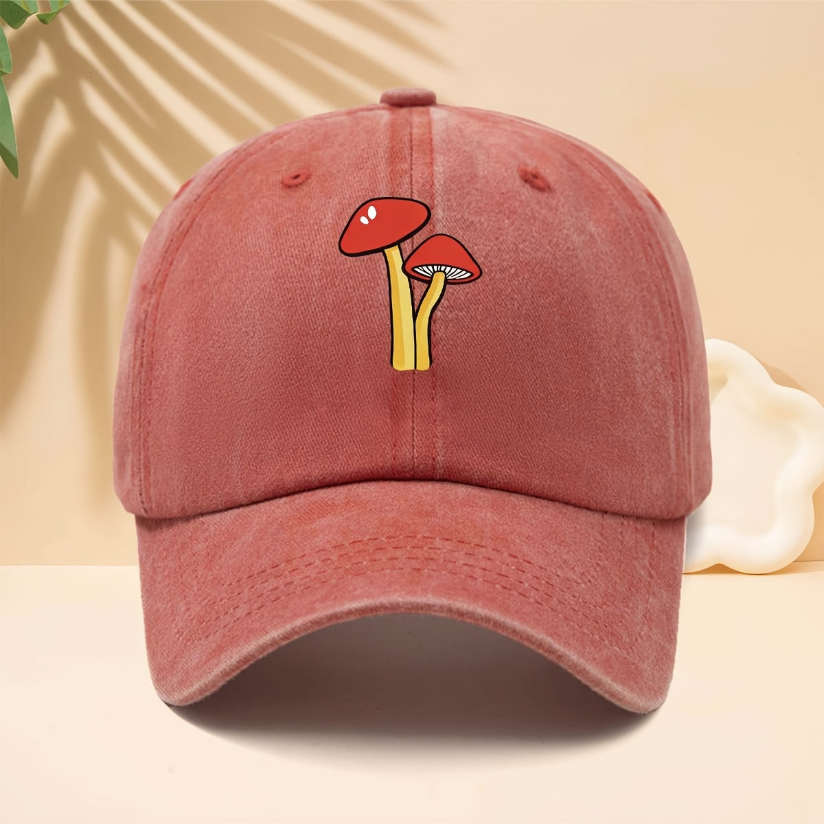 Baseball Cap with Red And White Cartoon Mushroom Print, American Forest Style Healing High Street Style Duckbill Cap Adjustable Size Unisex Casual Hat Versatile Neutral Style All-Season Curved Brim Hat for Walking, Gatherings, Shopping, Dates