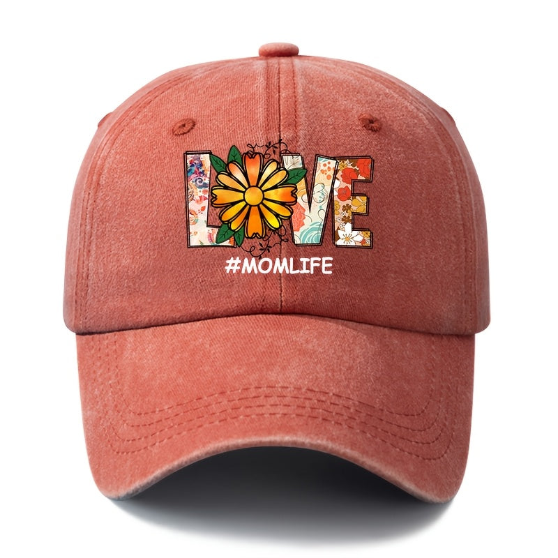 Unisex Fashion Versatile Floral Daisy LOVE Printed Baseball Cap, Classic Vintage Washed Outdoor Lightweight Curved Cap, Trucker Hat, Suitable for Outdoor Vacation Travel Camping And Casual Occasions, Holiday Party Hip-Hop Hat