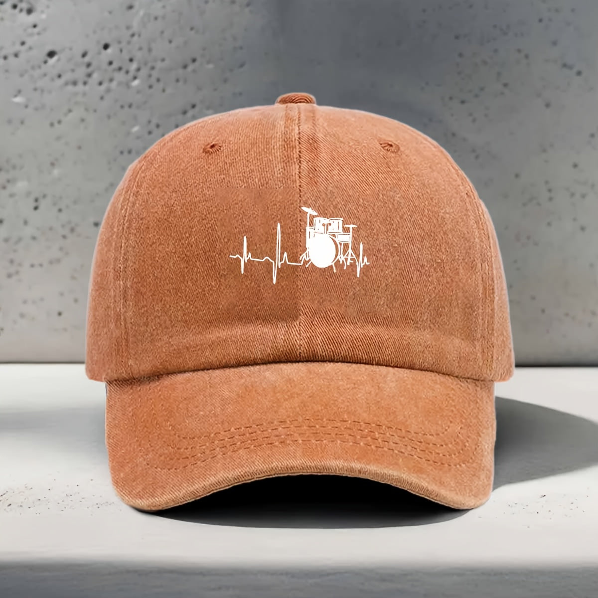 Men's & Women's Baseball Cap with Music-Themed Drum Print & Heartbeat Line - Adjustable Snapback Curved Brim Hat Suitable for Music Festivals, Outdoor Sports, Daily Wear - Washed Unisex Drummer Cap for Concerts and Casual Outfits