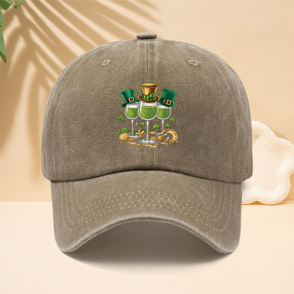 Baseball Cap with a Vintage Carnival Design Featuring a Pattern of 3 Hooded Goblets Containing Green Liquid. Adjustable Curved Brim Snapback Hat Suitable for Walking, Shopping, Traveling, Gatherings, Vacations, and Parties. One-size-fits-all Unisex