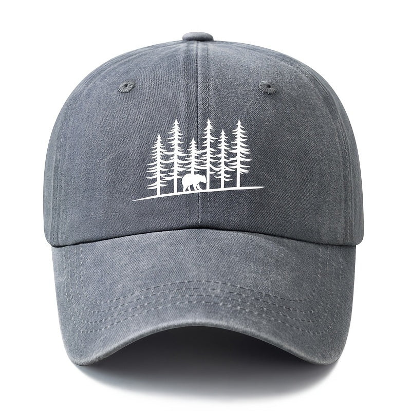 Unisex, Fashionable And Versatile Baseball Cap with Pine Forest And Grizzly Bear Print, Classic Retro Washed Outdoor Lightweight Curved Brim Cap, Suitable for Outdoor Vacations, Travel, Camping, And Other Casual Occasions, Hip-Hop Style Cap