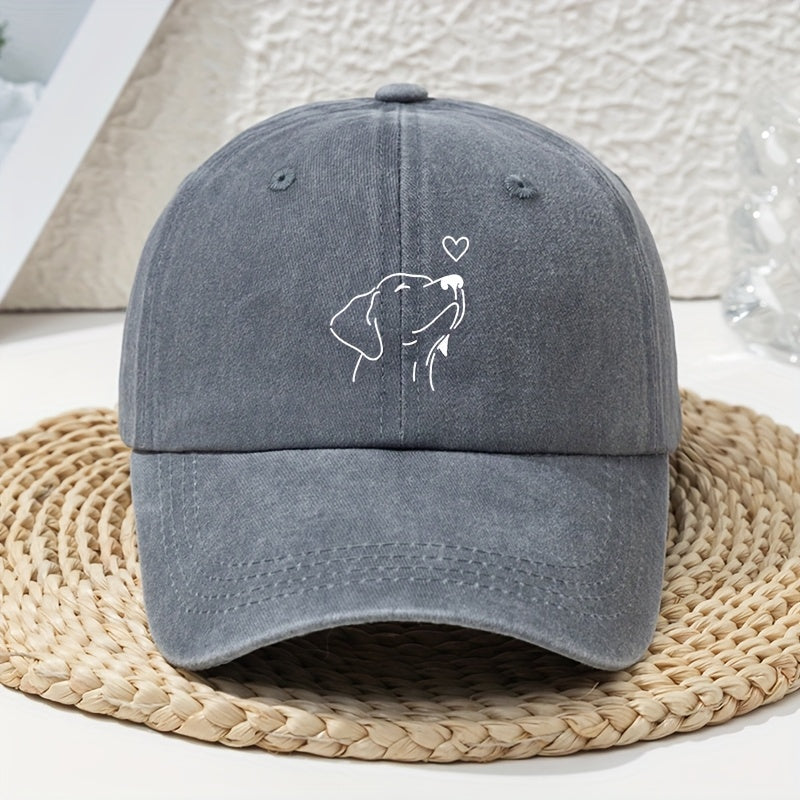 Women's Vintage Washed White Baseball Cap with Black Labrador Print- Soft and Lightweight All-Season Non-Elastic Cap, Wide Brim Design, Suitable for Leisure and Dog Walking, Hand Washable Pet Lover Accessory, Women's Hat, Women's Hat, Women's Hat, W
