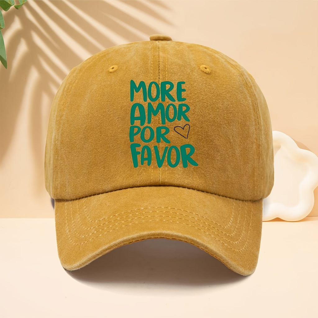 A Washed Baseball Cap with The Slogan MORE AMOR POR FAVOR, a Trucker Hat for Men And Women, a Casual Hat Suitable for All Seasons, a Six-Panel Hat with a Soft Top Design, Lightweight And Suitable for Daily Commutes, Street Style, Music Festivals