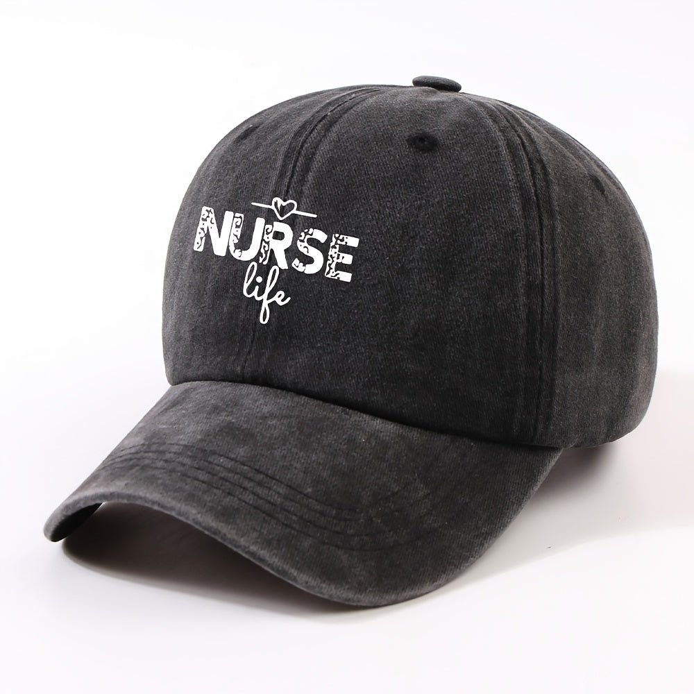 1 Fashion Nurse Letter Washed Baseball Cap Unisex Adjustable Brim Sun Hat Shopping Cycling Skateboarding Trendy Baseball Cap,  Casual Wear, Sporty Style, Geometric Pattern, Metal Buckle Closure, Durable Material, Unisex Headwear, Men And Women
