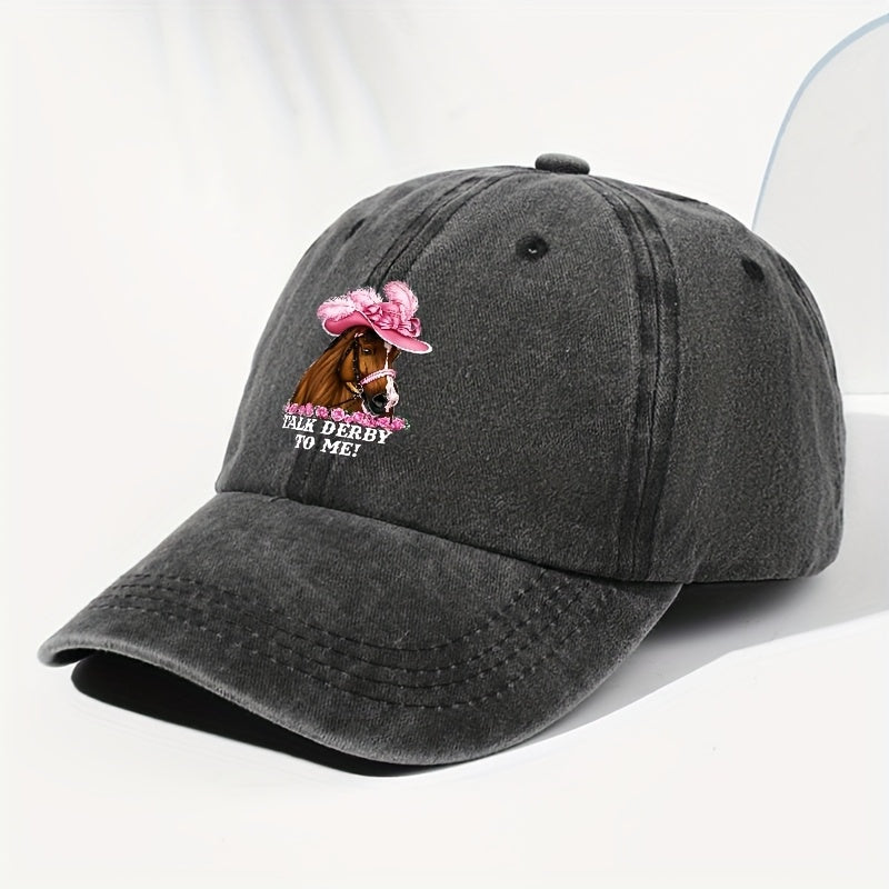 Unisex Adjustable Baseball Cap, Pink Horse Pattern with "Talk Derby to Me!" Print - Lightweight 100%, Machine Washable Vintage Design, Ideal for Casual Outdoor And Daily Wear