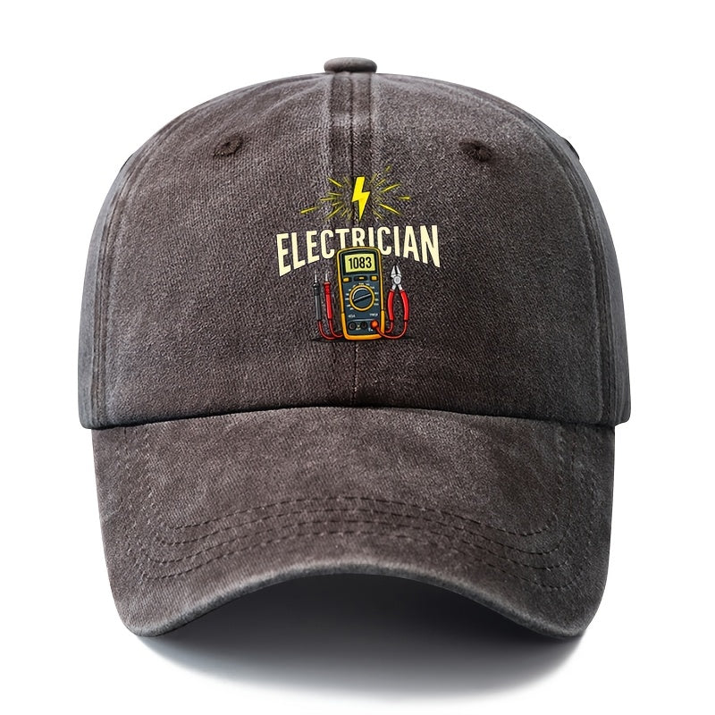 A Stylish And Versatile Unisex ELECTRICIAN Baseball Cap with a Printed Design, Featuring a Classic Retro Washed Look. This Lightweight Outdoor Cap Is Perfect for Truck Drivers And Suitable for Casual Occasions Like Outdoor Vacations, Camping