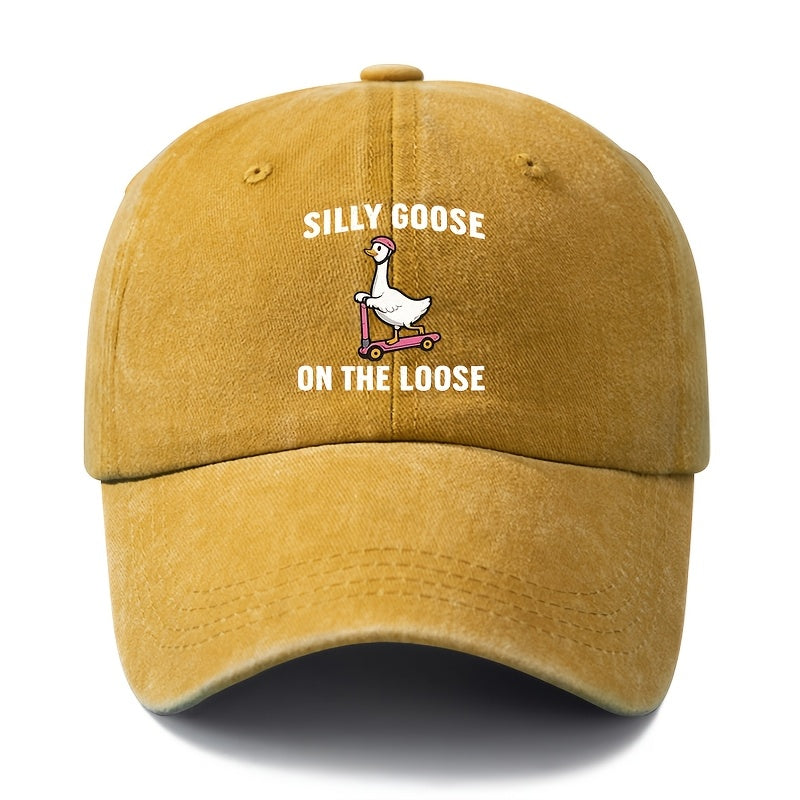 Unisex Fashion Versatile Printed SILLY GOOSE ON THE LOOSE Baseball Cap, Classic Retro Washed Outdoor Lightweight Curved Brim Hat, Trucker Cap, Suitable for Outdoor Vacation Travel Camping And Casual Occasions, Holiday Party Hip-Hop Hat